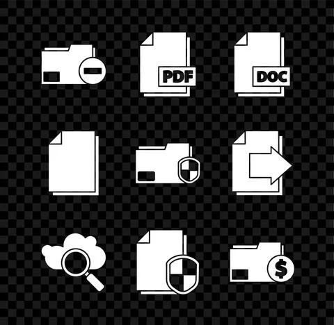Set Document folder with minus, PDF file document, DOC, Search cloud computing Stock Illustration