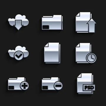 Set Document, folder with minus, PSD file document, clock, Add new, Cloud check Illustrazione stock