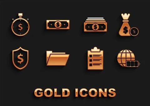 Set Document folder, Money bag and coin, Battery charge level indicator with Stock Illustration