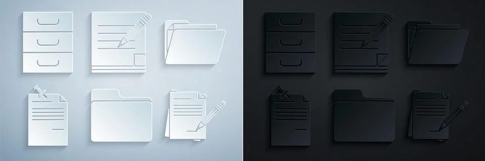 Set Document folder, Note paper with pinned pushbutton, Blank notebook and Stockillustratie