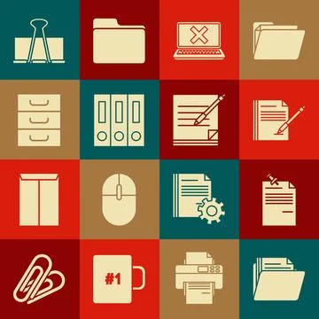 Set Document folder, Note paper with pinned pushbutton, Blank notebook and .. Stock Illustration