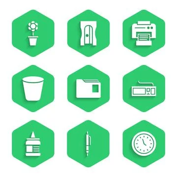 Set Document folder, Pen, Clock, Keyboard, Glue, Trash can, Printer and Flower Illustrazione stock