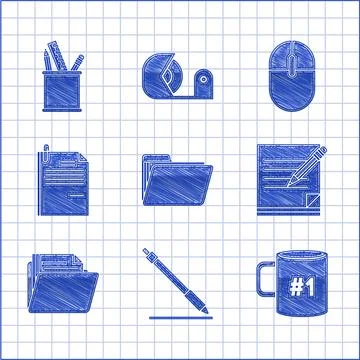 Set Document folder, Pen line, Coffee cup flat, Blank notebook and pencil w.. Stock Illustration