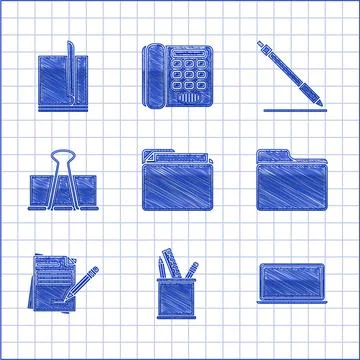 Set Document folder, Pencil case stationery, Laptop, Blank notebook and pencil Stock Illustration