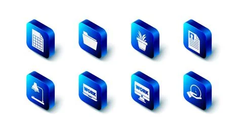 Set Document folder, Plant in pot, Resume, Clock, Monitor with text work, Lap Stock Illustration
