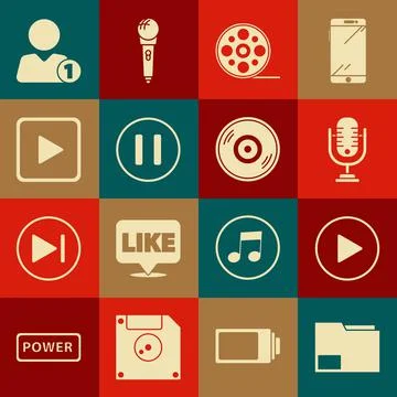 Set Document folder, Play in circle, Microphone, Film reel, Pause button, square Stock Illustration