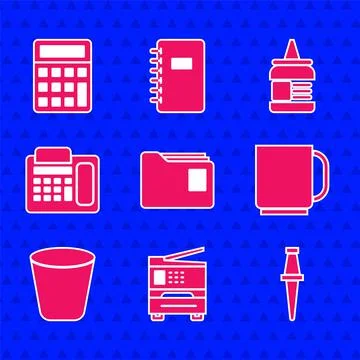 Set Document folder, Printer, Push pin, Coffee cup, Trash can, Telephone, Glue Illustrazione stock