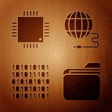 Set Document folder, Processor with microcircuits CPU, Binary code and Social 스톡 일러스트