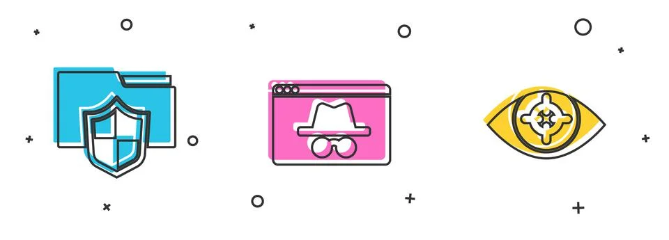 Set Document folder protection, Browser incognito window and Eye scan icon Illustrazione stock
