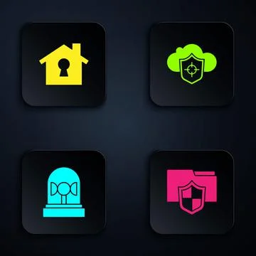 Set Document folder protection, House under, Flasher siren and Cloud and shield Stock Illustration