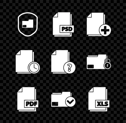 Set Document folder protection, PSD file document, Add new, PDF, and check mark Illustrazione stock