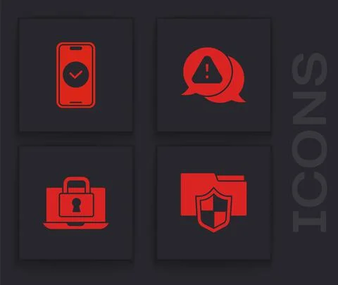 Set Document folder protection, Smartphone, Exclamation mark in triangle and Stock Illustration