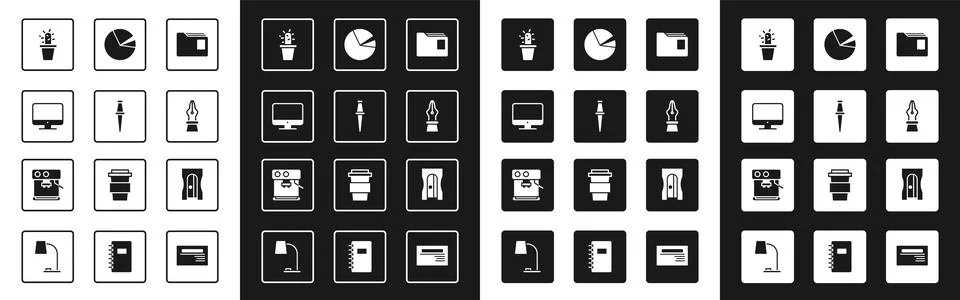 Set Document folder, Push pin, Computer monitor screen, Cactus and succulent pot Stock Illustration