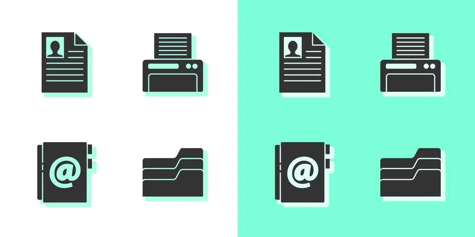 Set Document folder, Resume, Address book and Printer icon. Vector Stock Illustration