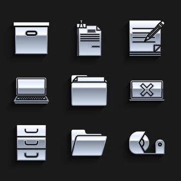 Set Document folder, Scotch, Laptop and cross mark on screen, Drawer with Stock Illustration