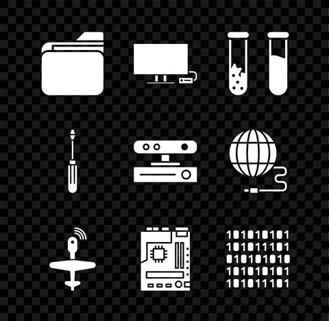 Set Document folder, Smart Tv, Test tube and flask, UAV Drone, Motherboard Stock Illustration