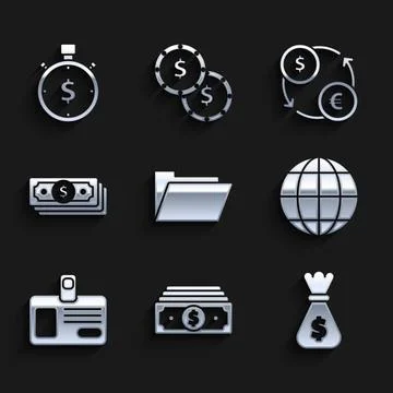 Set Document folder, Stacks paper money cash, Money bag, Earth globe Stock Illustration