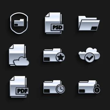 Set Document folder with star, clock, Folder and, Cloud check mark, PDF file Stock Illustration