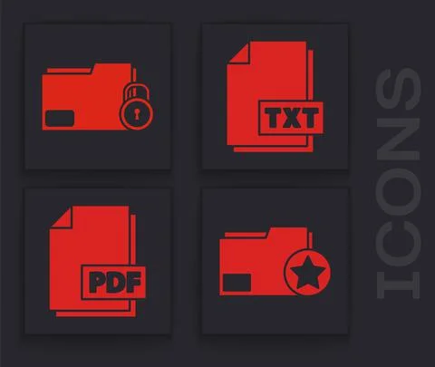 Set Document folder with star, Folder and lock, TXT file document and PDF file Stock Illustration