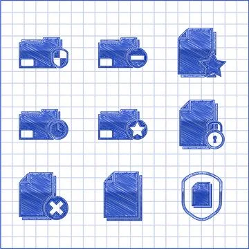 Set Document folder with star, protection concept, and lock, Delete file Illustrazione stock