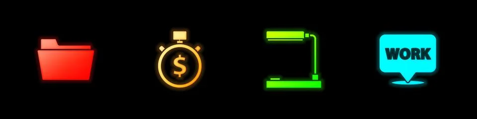 Set Document folder, Time is money, Table lamp and Location with text work icon 스톡 일러스트