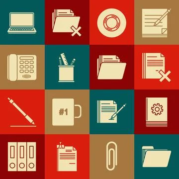 Set Document folder, User manual, Delete file document, Scotch, Pencil case Illustrazione stock