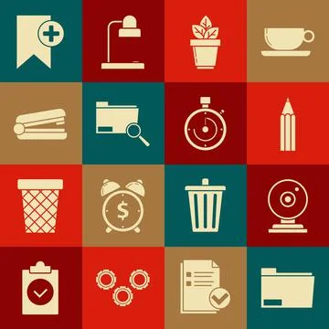 Set Document folder, Web camera, Pencil, Flowers in pot, Search concept with Stock Illustration