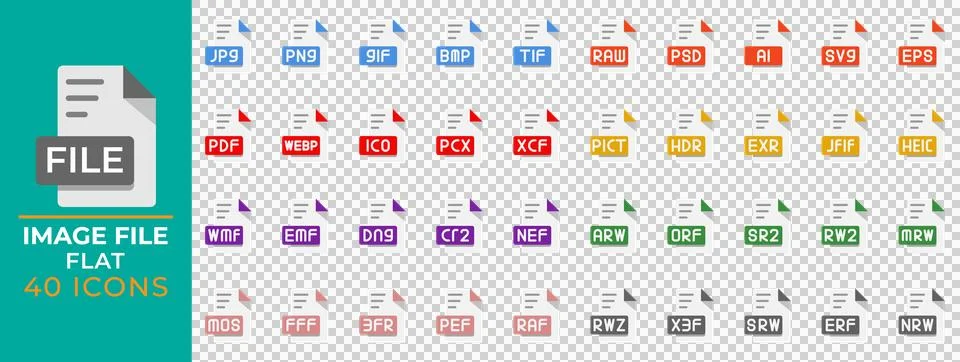 Set document format image flat icons. jpg, pdf, psd, svg, eps, extension. Stock Illustration