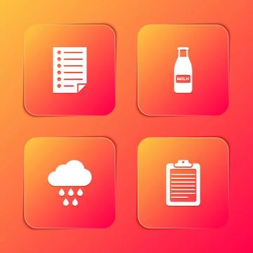Set Document, Glass bottle milk and cap, Cloud with rain and Clipboard document Stock Illustration