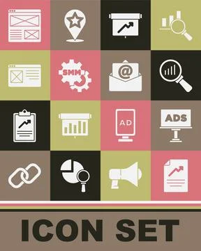 Set Document with graph chart, Advertising, Magnifying glass and analysis, Board Stock Illustration