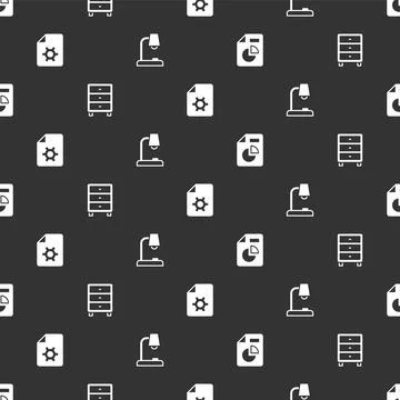 Set Document with graph chart, Archive papers drawer, settings and Table lamp on Stock Illustration