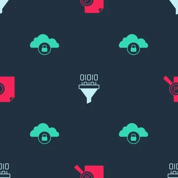 Set Document with graph chart, Binary code and Cloud computing lock on seamless Stock Illustration