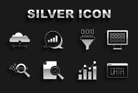 Set Document with graph chart, Binary code, Data analysis, Pie infographic Stock Illustration