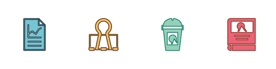 Set Document with graph chart, Binder clip, Coffee cup to go and Photo album Stock-Illustration