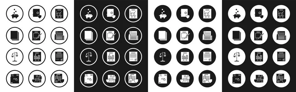 Set Document with graph chart, Blank notebook and pen, Clean paper, Piggy bank Stock Illustration