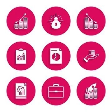 Set Document with graph chart, Briefcase, Rocket flying up on coins growth Illustrazione stock
