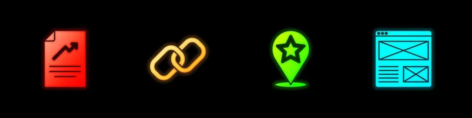 Set Document with graph chart, Chain link, Map pointer star and Browser window Illustrazione stock