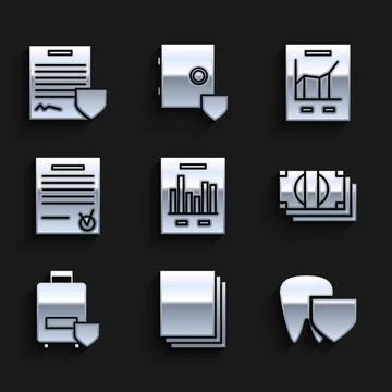 Set Document with graph chart, Clean paper, Tooth shield, Stacks money cash.. Stock Illustration