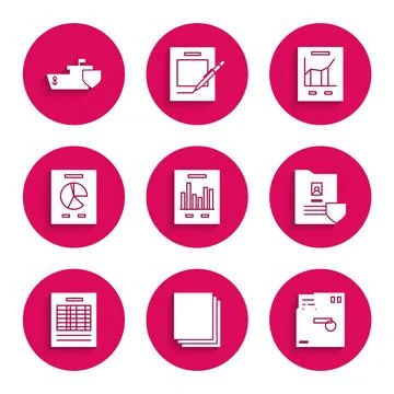 Set Document with graph chart, Clean paper, Ordered envelope, shield, Repor.. Illustrazione stock