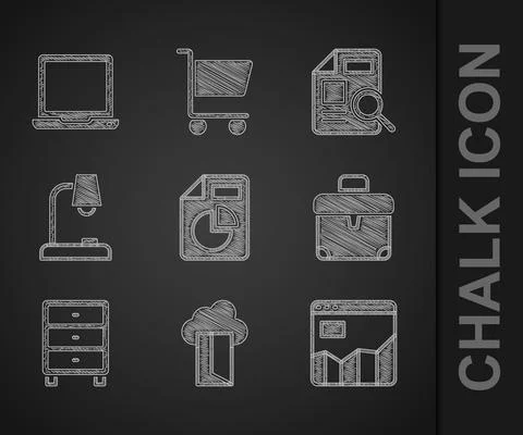 Set Document with graph chart, Cloud database, Graph infographic, Briefcase Illustrazione stock