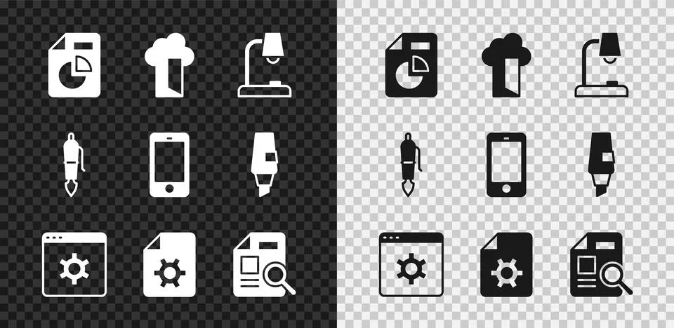 Set Document with graph chart, Cloud database, Table lamp, Browser setting Stock Illustration