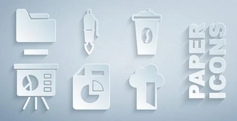 Set Document with graph chart, Coffee cup to go, Board, Cloud database, Fountain Stock Illustration