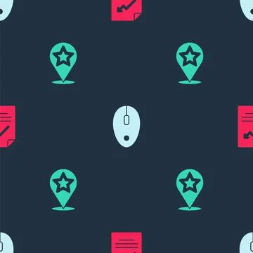 Set Document with graph chart, Computer mouse and Map pointer star on seamless Stock Illustration