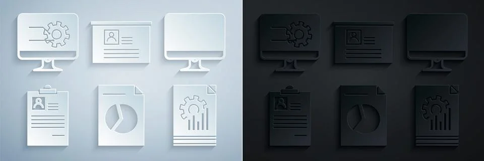 Set Document with graph chart, Computer monitor screen, Clipboard resume, Board イラスト素材