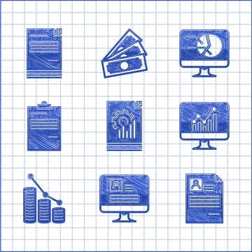 Set Document with graph chart Computer monitor resume Resume Pie infographic  Illustrazione stock