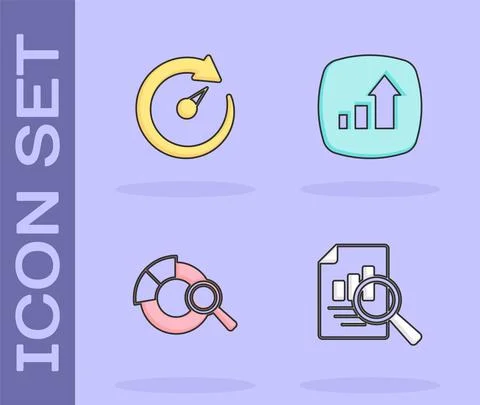 Set Document with graph chart, Digital speed meter, Search data analysis and Stock Illustration