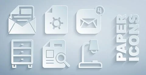 Set Document with graph chart, Envelope, Archive papers drawer, Table lamp, s Stock Illustration
