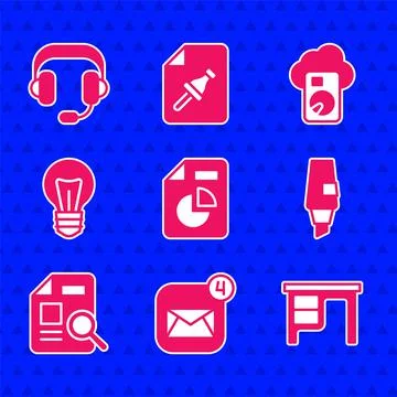 Set Document with graph chart, Envelope, Office desk, Marker pen, Light bulb Stock Illustration