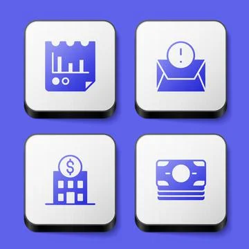 Set Document with graph chart, Envelope, Bank building and Stacks paper money Stock Illustration