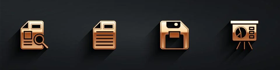 Set Document with graph chart, File document, Floppy disk and Board icon with Illustrazione stock